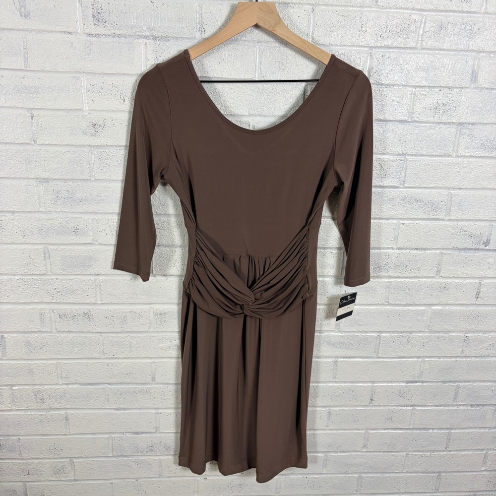 Clara Sun Woo Dress Womens XS Brown Ruched Twist Front 3/4 Sleeve Stretch Jersey